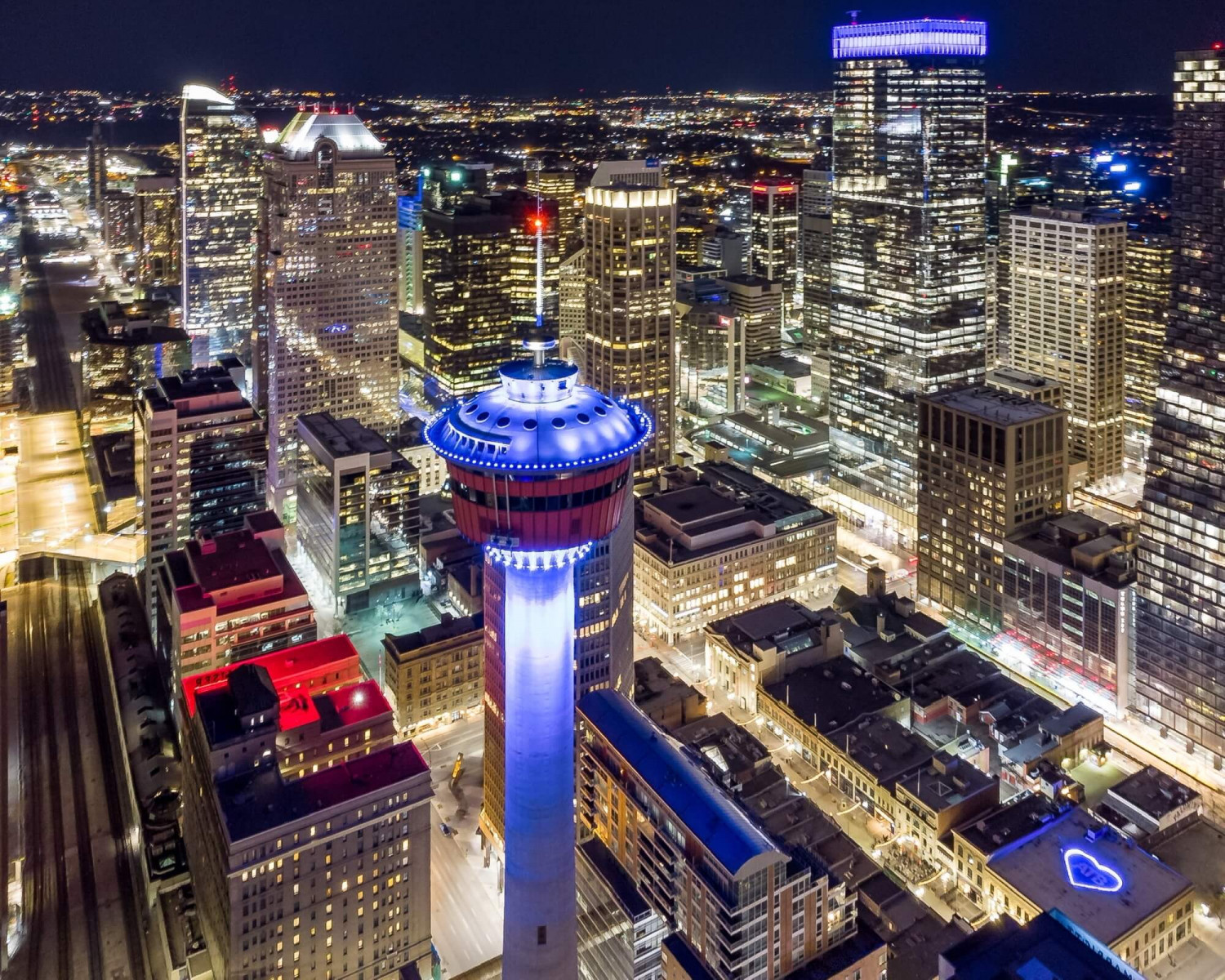 Image captured by a drone of the Calgary Tower